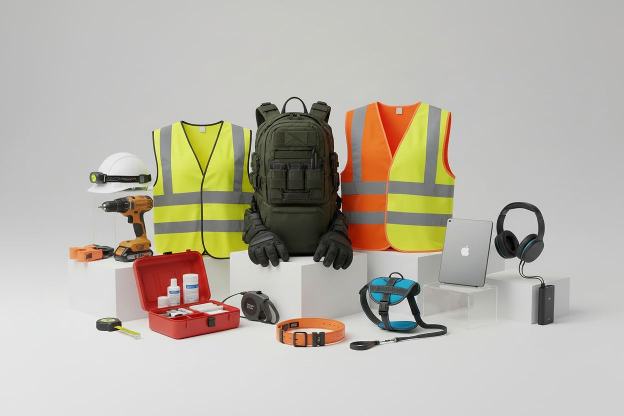 Collection of safety gear and equipment with 'New Arrivals' text on a gray background